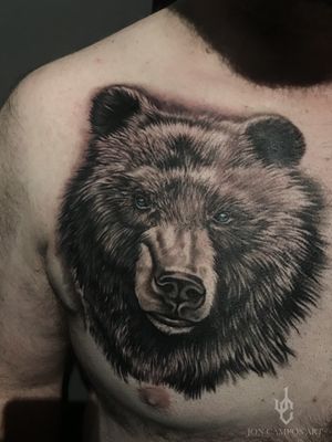Grizzly bear chest piece black and grey tattoo by Jon campos art Dallas, Tx. 