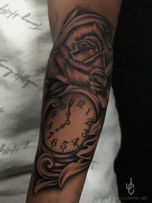 Black and grey rose clock and filigree tattoo 