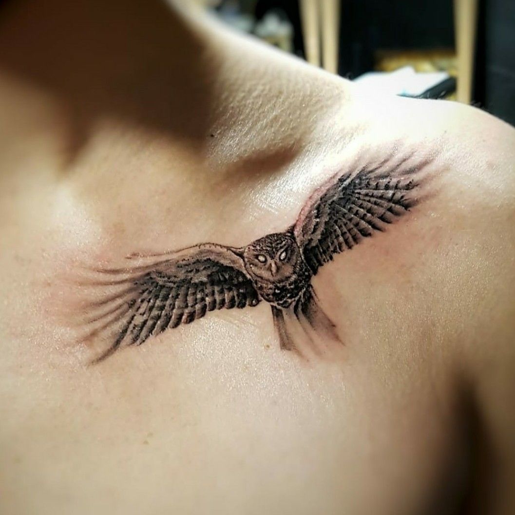 Open Wings Owl Flying Tattoo On Upperback