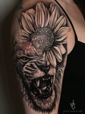 Black and grey lion sunflower morph done by Jon campos art 