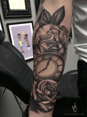 Black and grey roses and pocket watch half sleeve done by Jon campos art Dallas, tx. 