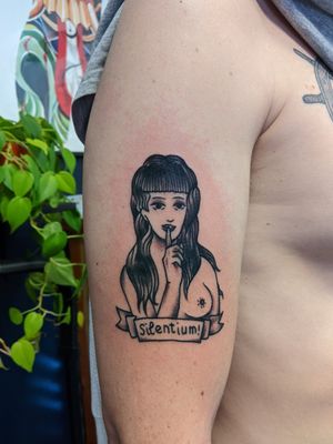 Silentium woman tattoo. Pink rock tattoo
