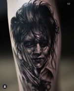 Tattoo by Nina Richards #NinaRichards #realism #blackandgrey #portrait #edwardscissorhands #johnnydepp #movie #timburton #darkart #horror