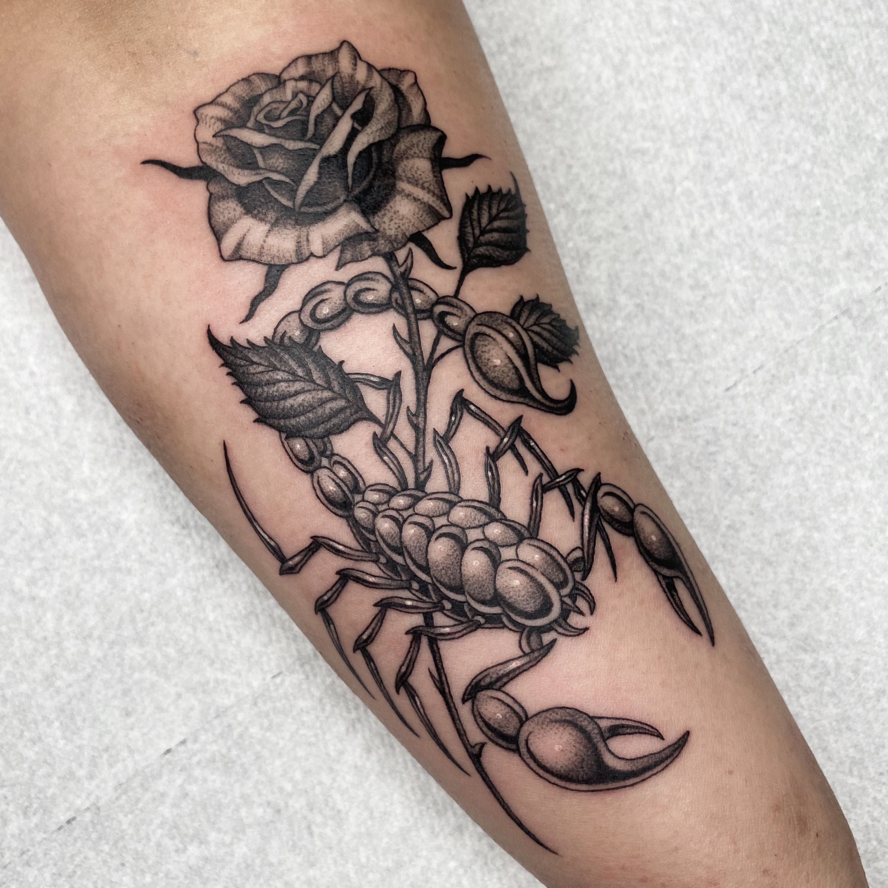 Traditional tattoo of a scorpion and rose on an arm By David Bruehl at  RedLetter1 in Tampa Florida  Scorpion tattoo Tattoos Traditional tattoo