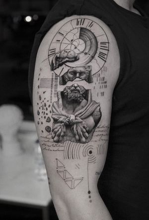 Hercules • • Sponsored by @eztattooing @panormostattoo @tattoobull.lab #vselect #vselectcartridges #tattoo #art #history #lion #statue #composition #bodyart #davinci #esquisse #blackandgreytattoo #black #ink #inkstinctsubmission ##blackwork #tatts #inkedmag #tattooist #artist #sametyamantattoos #tattoodo #design #tattoodesigner