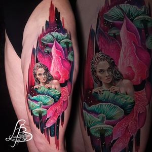 fairytail tattoo with mushrooms, fairy and brushstrokes