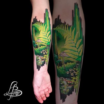 forest tattoo, ferns, mushrooms, brushstrokes