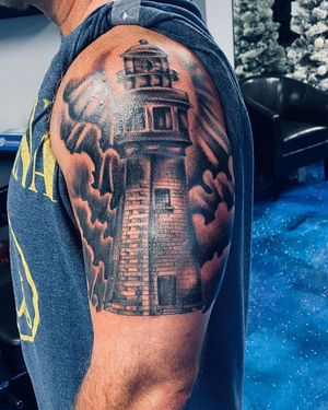 Black and gray lighthouse! First tattoo of 2021