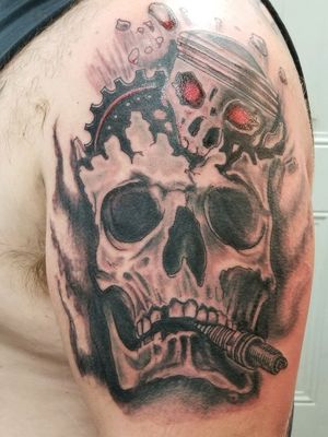 Don't blow a head gasket. Skull and Piston busting threw black and grey work for a friend. Not finished more to come. #TattooSteveD #crazydayztattoo #skulltattoo #blackandgrey #sparkplugtattoos