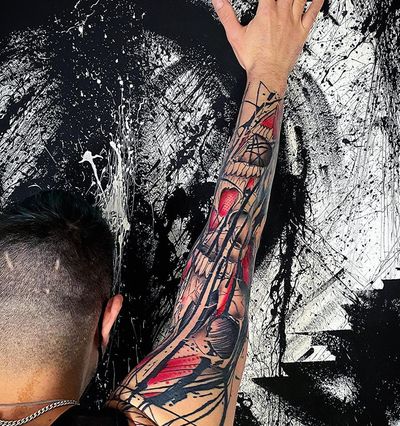 Full sleeve tatto in back and red by Abel Miranda