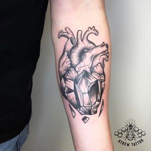 Heart Crystal Illustrative Blackwork Tattoo by Kirstie @ KTREW Tattoo - Birmingham, UK #illustrativetattoo #tattoos #forearmtattoos #birmingham #hearttattoo #crystaltattoo