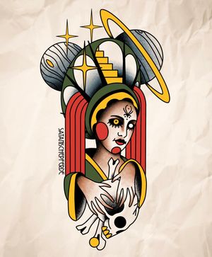 traditional cosmic astro woman by satanischepferde #cosmic #planets #saturn #skull #magician #holy #witch #witchcraft #religious #cult #traditional #olschool #tattoo #design #sketch #erfurt #foreseeing #cultist #dark #magic 