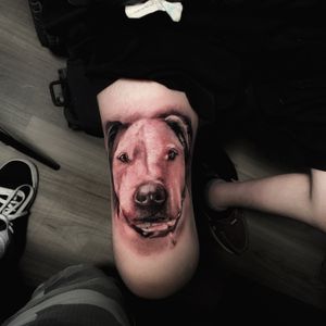 Get a stunning black and gray dog tattoo on your upper leg by the talented artist Marcel Oliveira. This illustrative piece will bring your love for dogs to life.