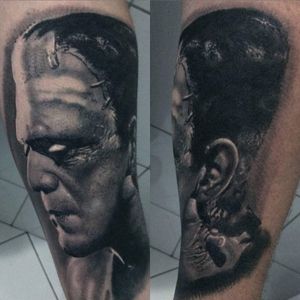 Get a stunning black and gray realism tattoo of Frankenstein on your forearm by the talented artist Marcel Oliveira.