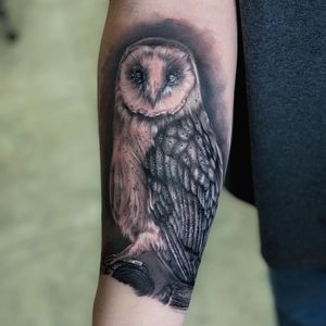 Get a stunning black and gray owl tattoo on your forearm by the talented artist Marcel Oliveira for a unique and detailed piece.