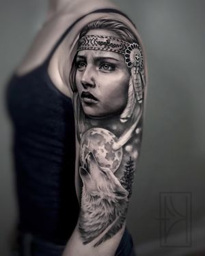 This tattoo took two sessions to complete. The portrait is fresh and the rest is healed.www.eyekandiink.com. 💌eyekandiink@gmail.com. Bookings⬆️.#eyeKANDI #eyekandiink #tattoo #tattoos #art #artist #tattooartist #design #tattooart #inked #girlswithtattoos #ink #nyctattooartist #portraitartist #nativeamerican #tattooed #realistic  #tattooedgirls #skinartmag #btattooing  #cttattooartist #nyctattooartist #bngtattoo  #inkedup #lisettemartinez #blackwork #realism  #portrait #wolf #blacktattooart  