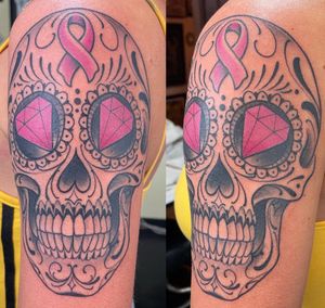 Breast Cancer Inspired Sugar Skull Done at Tabernacle Tattoo, located in Historic Ybor City (Tampa, FL.)