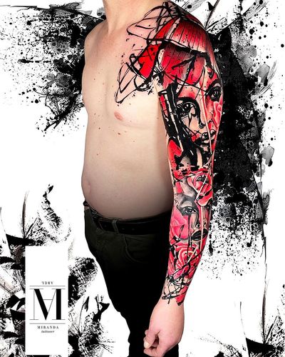Sleeve tattoo during 3 days in a row on my great costumer Fabrice....That´s life story..... Abstract concept Avantgarde style ... Work in progress ...