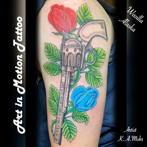 Had fun with this one @art_in_motion_tattoo #gunsandrosestattoo #pistoltattoo #rosetattoo #dynamicblackink #starbritecolors #classictattoo #alaskaartist  #alaskatattoo #wasillatattoo #wasillaalaska #matsuvalley #palmeralaska #tattoo #tattoos #tattooed #inked #alaskaartist #alaskalife #veteranowned #lonewolf #tattooartistkamohr #art_in_motion_tattoo