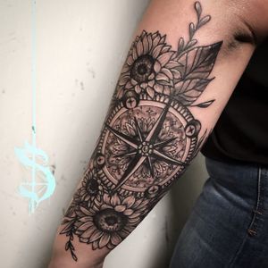 Compass and sunflower tattoo