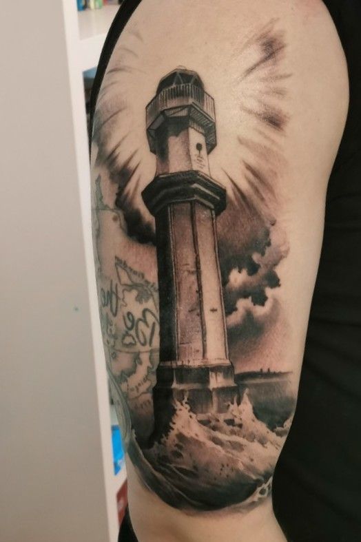 Always leave a light on so those you love can find their way home.  Lighthouse tattoo by Mike Hessinger | Instagram