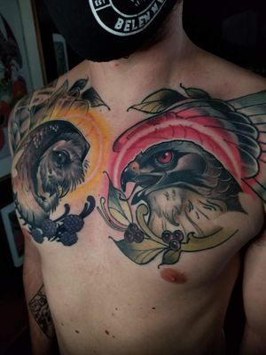 Finished chest piece! #neo traditional #bird #hawk #owl #chest #tattoooftheday