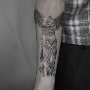 Winged Victory - Angel Tattoo - Illustrative tattoo by Jesus Antonio #JesusAntonio #illustrative #fineline #chicano #blackandgrey #angel #wing #nike #sculpture #samothrace