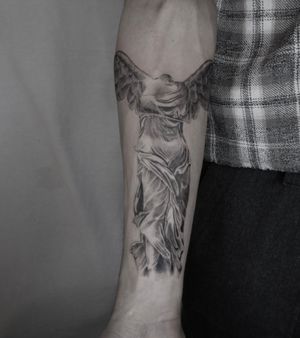 Winged Victory - Angel Tattoo - Illustrative tattoo by Jesus Antonio #JesusAntonio #illustrative #fineline #chicano #blackandgrey #angel #wing #nike #sculpture #samothrace