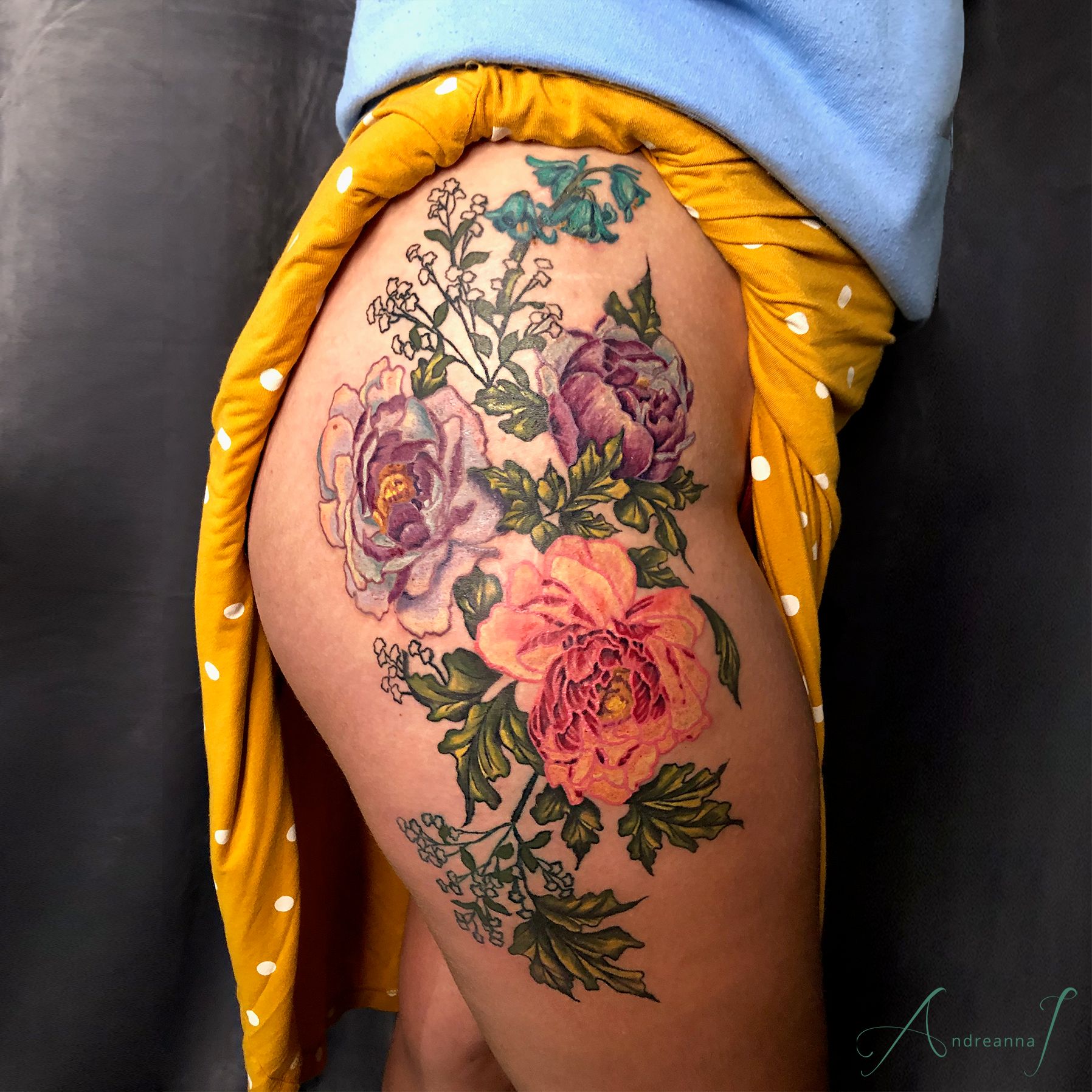 Tattoo uploaded by Andreanna Iakovidis • Peony Floral Hip and Outer Thigh  Tattoo in Color by Andreanna Iakovidis. #floraltattoo #peony #peonies  #thightattooforwomen #Hiptattooforwomen #floralcascade • Tattoodo