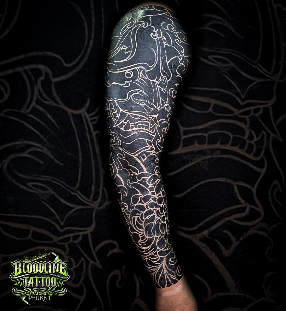 Tattoo uploaded by Bloodline Tattoo Phuket  Blackout Hannya Arm Sleeve   Tattoodo
