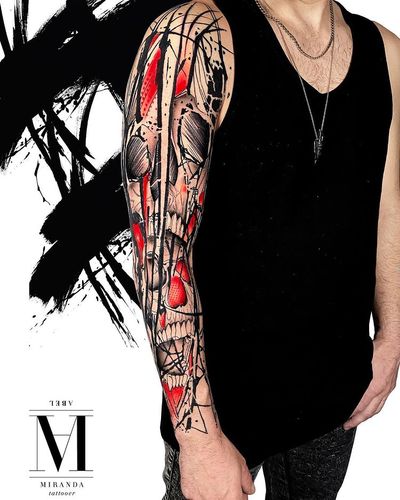 Full sleeve tatto in abstract concept Avantgarde style ... Skulls opposed in a colorful tattoo...