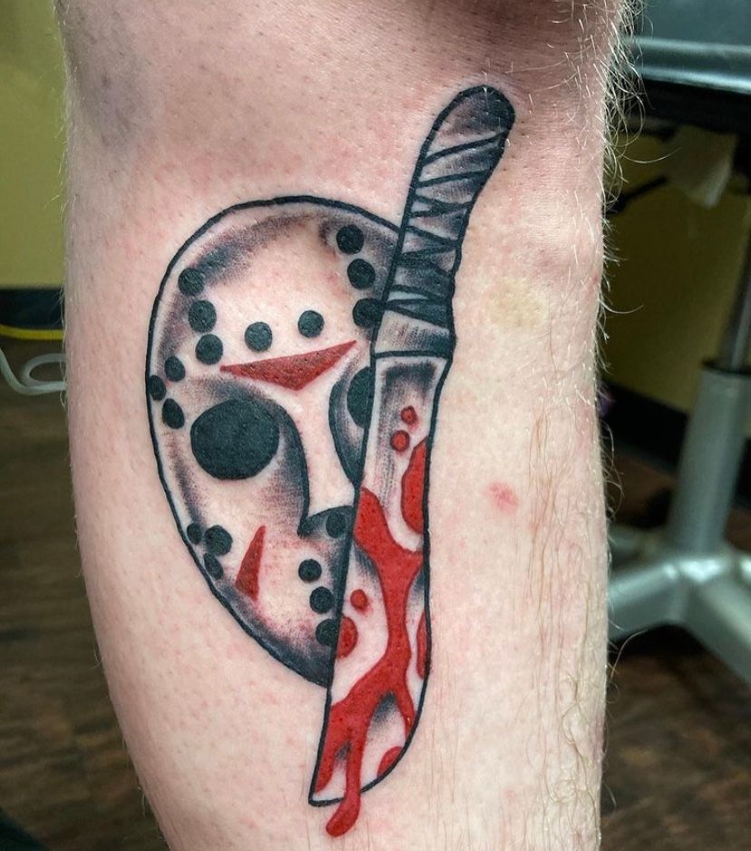 Black and grey Jason Voorhees tattoo. Part of a sleeve