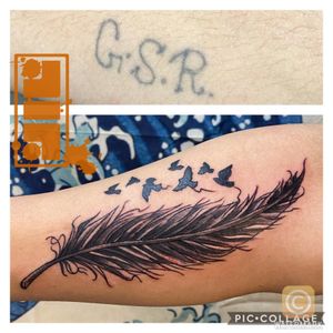 Coverup of clients initials with feather w/birds rendering...Thanks for looking. #birdtattoos #feathertattoos #coveruptattoos #byjncustoms
