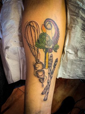 Chef’s Tattoo passion for ingredients. Personal tattoo design. @Danyink3 Instagram. #chefstattoo #foodtattoo 