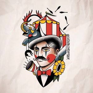 Circus traditional tattoo design  by satanischepferde #circus #traditional #clown #elephant #color #oldschool #tattoo #tattoodesign #drawing #illustration #mustache #tent #circustent #karneval #surreal #creative #surrealism 