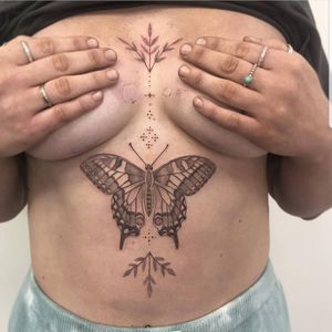 Fine line butterfly and ornamental dotwork by Beau