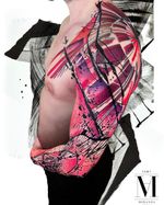 Full sleeve tattoo in avantgarde style and an abstract concept