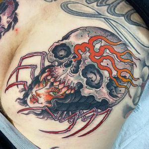 Tattoo by Beau Brady #BeauBrady #traditional #japanese #japaneseinspired #skull #fire #spider #ladyhead #lady #jorogumu 