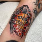 Tattoo by Beau Brady #BeauBrady #traditional #skull #reaper #fire