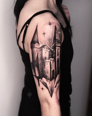 Tattoo by Alena Zozulenko #AlenaZozulenkoo #illustrative #blackandgrey #castle #darkart #architecture #star #building 