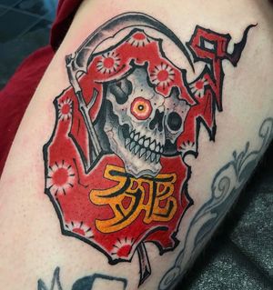 Tattoo by Beau Brady #BeauBrady #japanese #japaneseinspired #daruma #scythe #skull #kanji 
