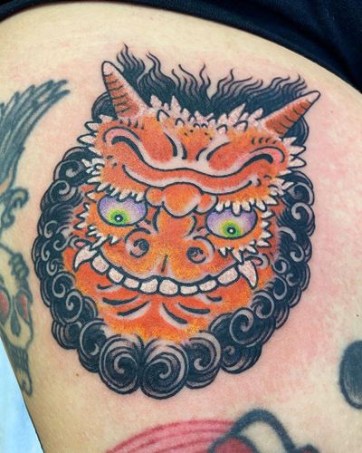 Tattoo by Beau Brady #BeauBrady #japanese #japaneseinspired #oni #goblin #flipface #yokai #demon