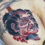 Tattoo by Beau Brady #BeauBrady #japanese #japaneseinspired #namakubi #severedhead #samurai #sword #blood 