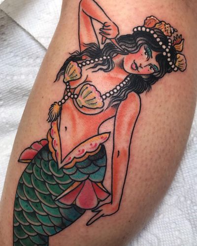 Tattoo by Beau Brady #BeauBrady #traditional #mermaid #lady #mythicalcreature #goddess #shells