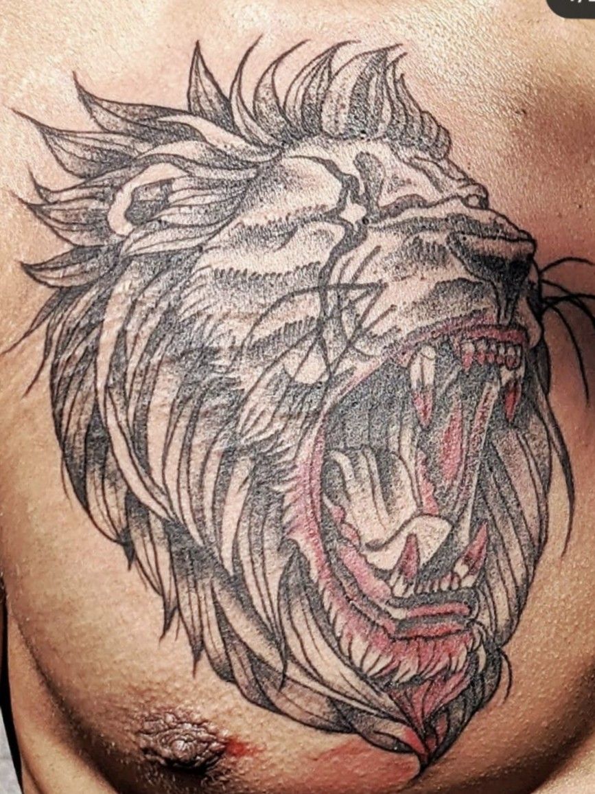 Lion bloody roaring animal portraitsblack and grey tattoos by Tony  Tapia TattooNOW