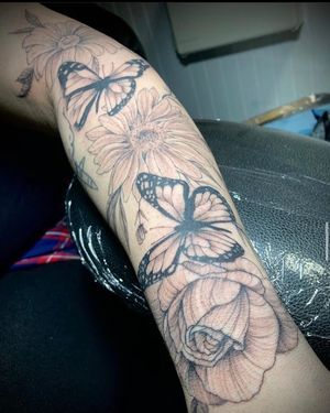 Black and grey butterfly and flower sleeve