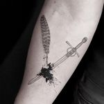 Tattoo by Siri Montra aka avantgarde.ink #SiriMontra #avantgardeink #otattoo #illustrative #fineline #sword #feather #quill #ink #inkblot #micro #realism
