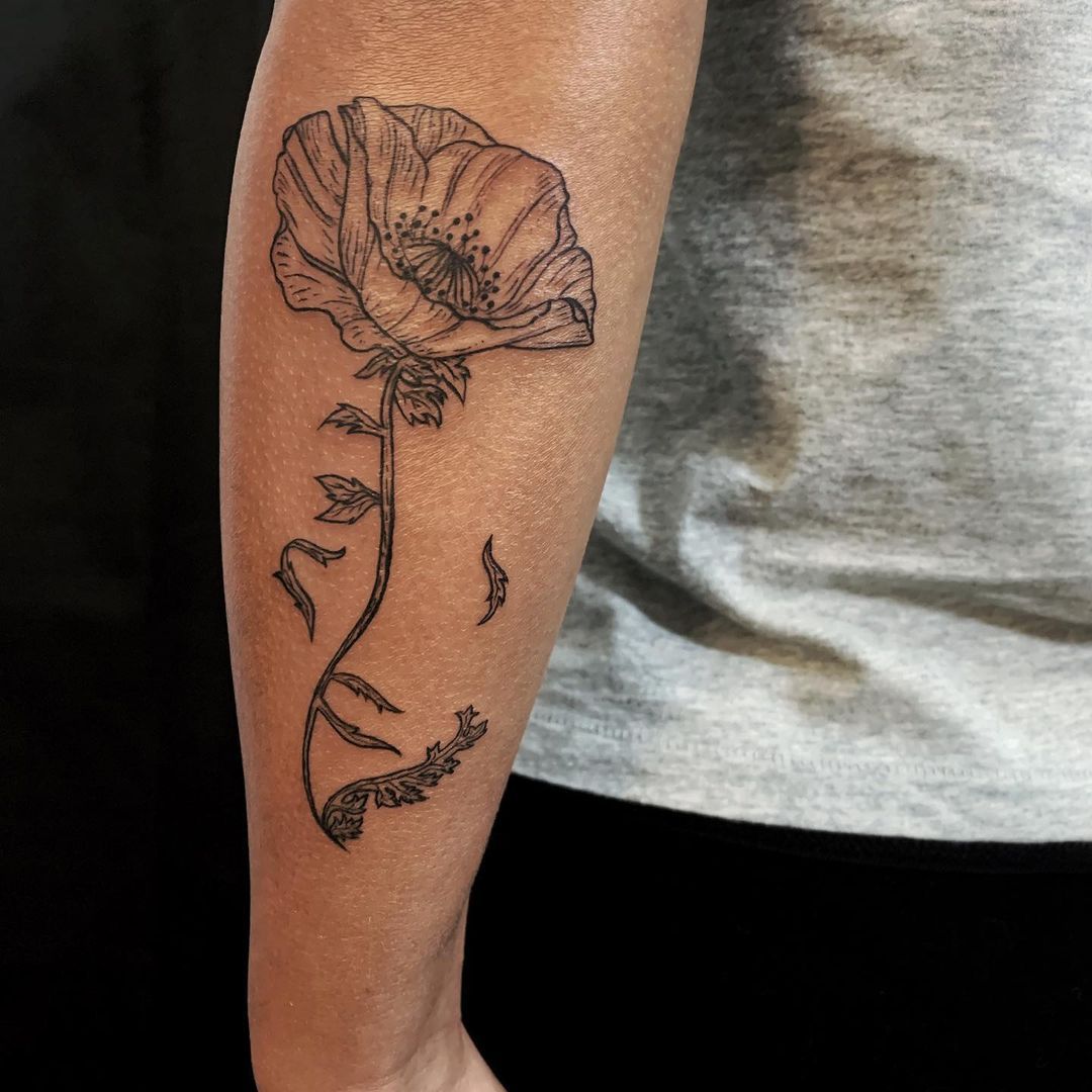 Fine line poppy flower tattoo located on the upper arm.