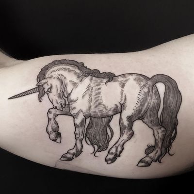 Tattoo by Siri Montra aka avantgarde.ink #SiriMontra #avantgardeink #otattoo #illustrative #unicorn #etching #linework