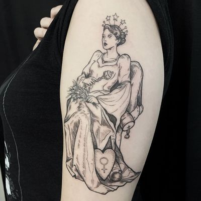 Tattoo by Léa Joyeux aka starseed ink #LeaJoyeux #starseedink #illustrative #linework #queen #goddess #deaity #star #heart #woman #portrait 